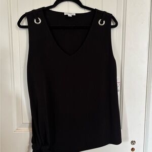 Morgan Taylor Black Sleeveless V Neck Top with Grommet Detail Size L Large